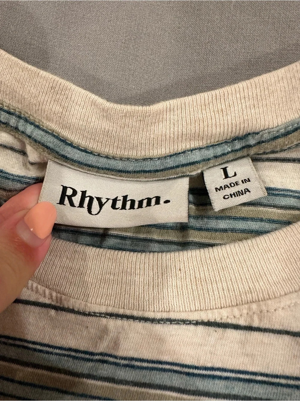 Rhythm Horizontal Stripe Tee in Cream & Teal-Blue - Picture 3 of 3